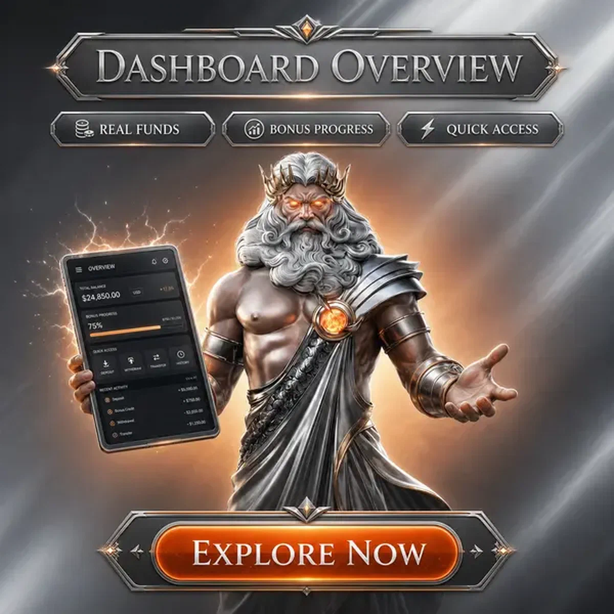 Storm Sovereign examinant le tableau de bord sur une tablette futuriste alors que le joueur se connecte au portail Dashboard Welcome
