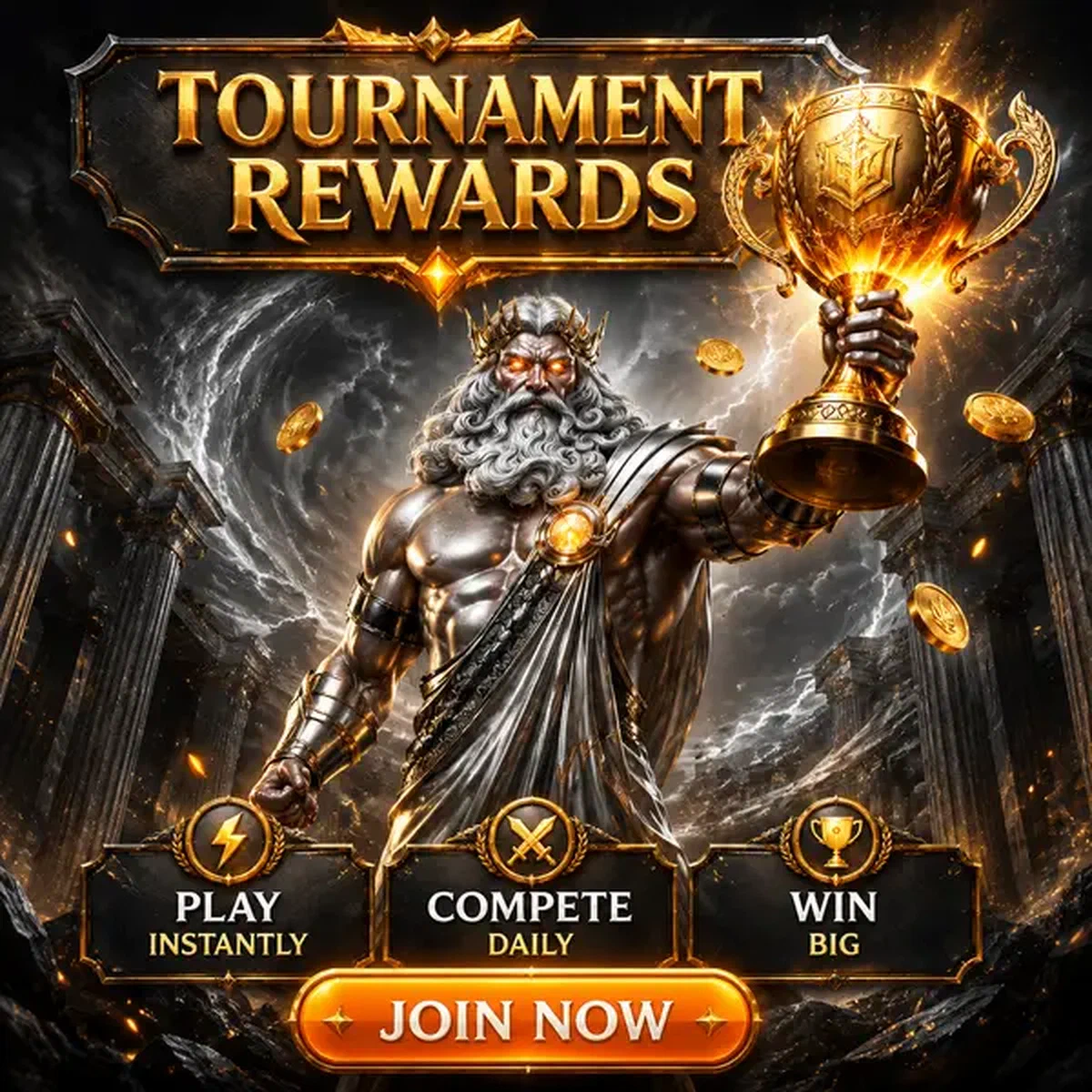Storm Sovereign brandissant un trophée doré aux Tours Gratuits de Tournoi et Récompenses de Classement avec tours gratuits