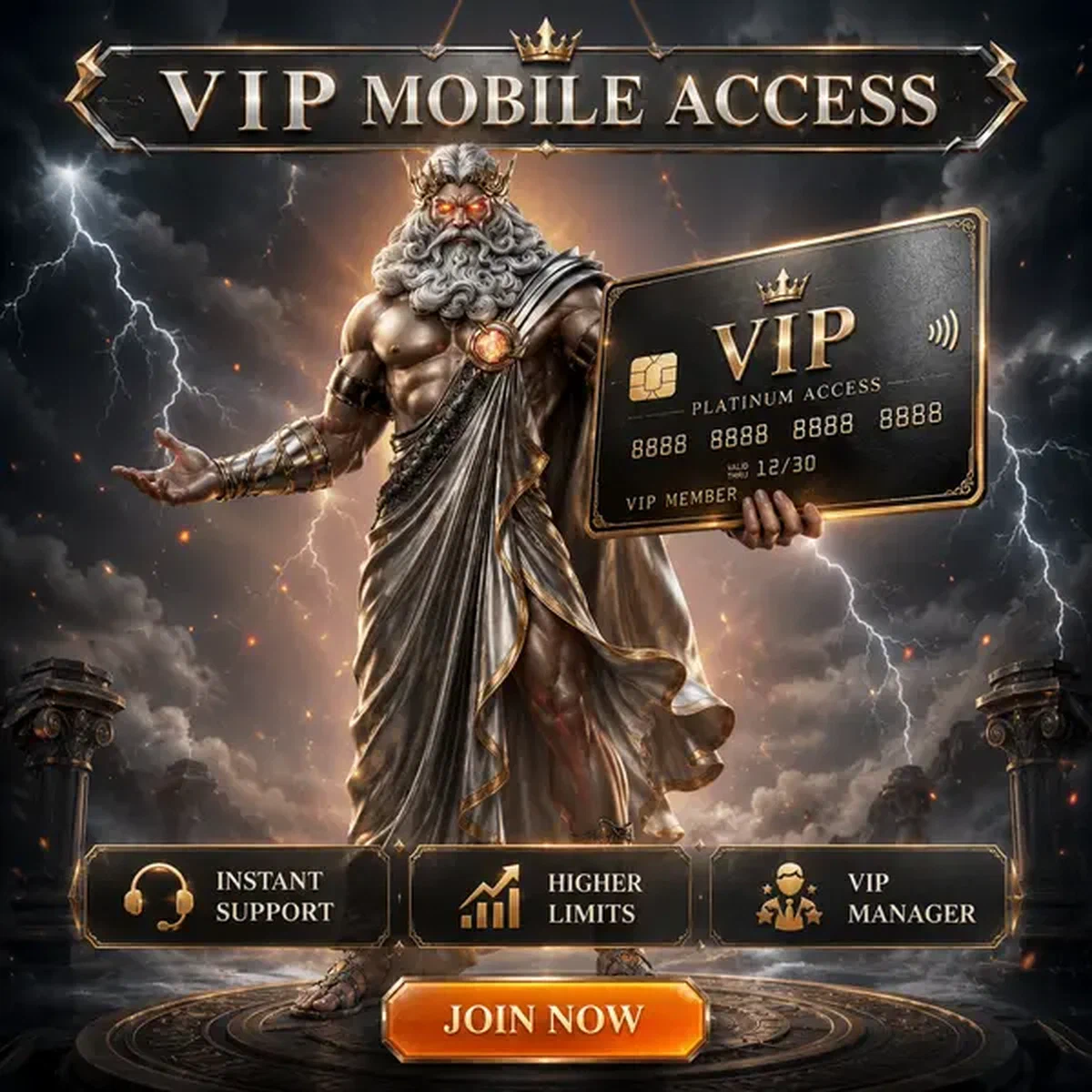 Storm Sovereign affichant la carte d'accès VIP mobile avec les fonctionnalités premium de l'application