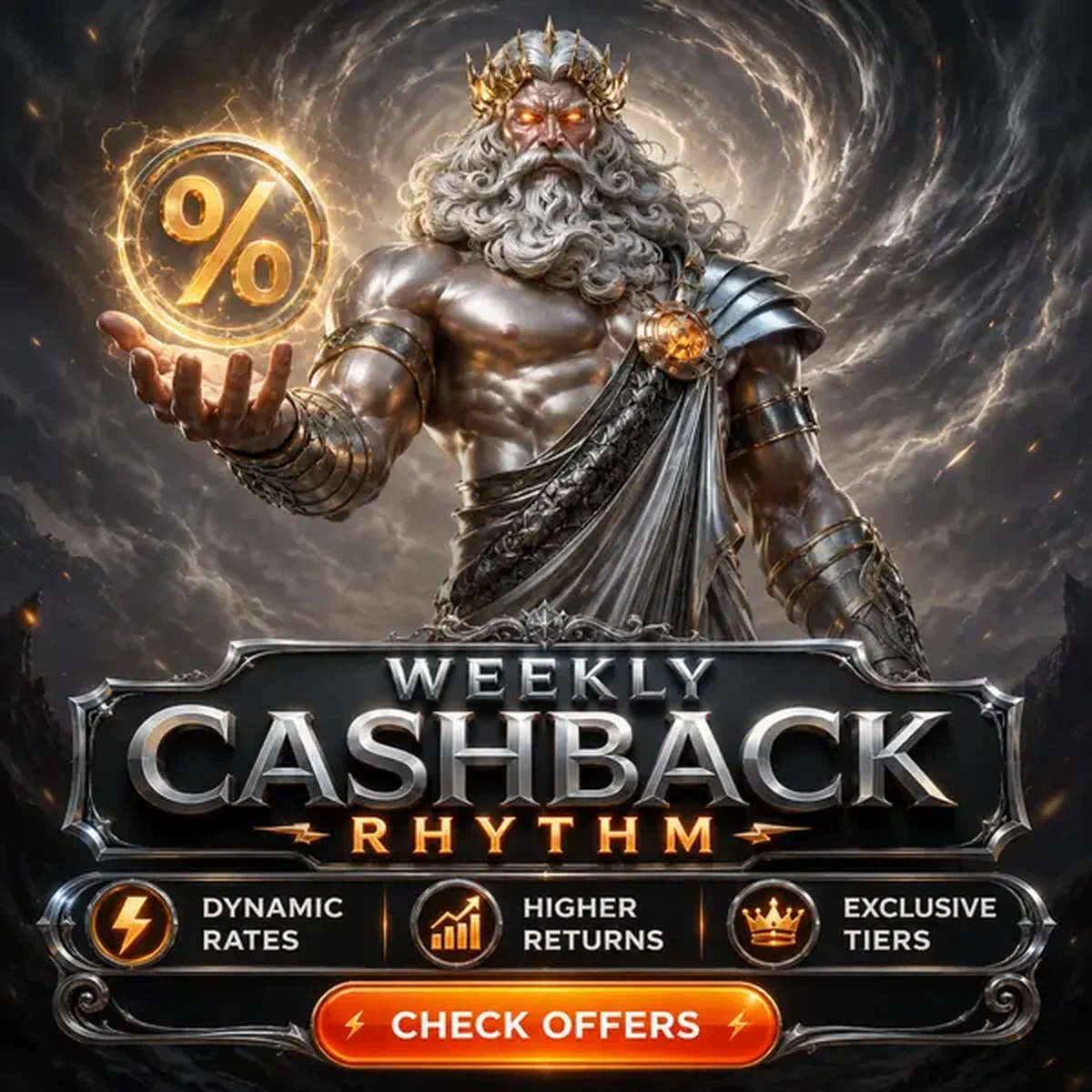 Storm Sovereign présentant les taux de bonus Rythme de Cashback Hebdomadaire avec emblème doré de pourcentage