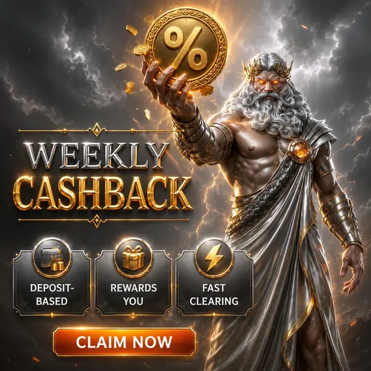 Storm Sovereign affichant les récompenses de cashback hebdomadaire au portail Weekly Cashback avec des pièces dorées