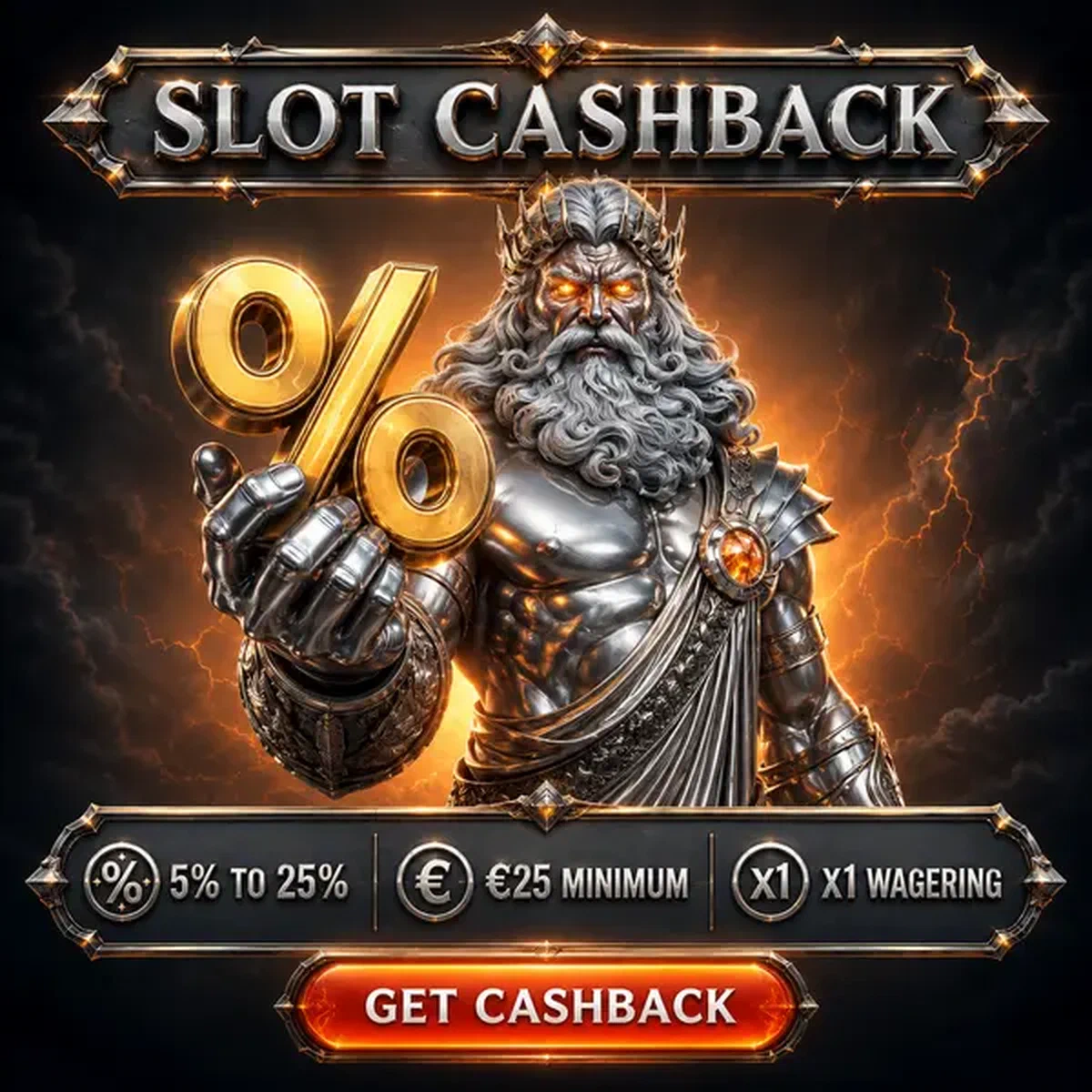 Storm Sovereign agrippant un symbole de pourcentage doré au Win Aura Slot hebdomadaire pour les récompenses de cashback