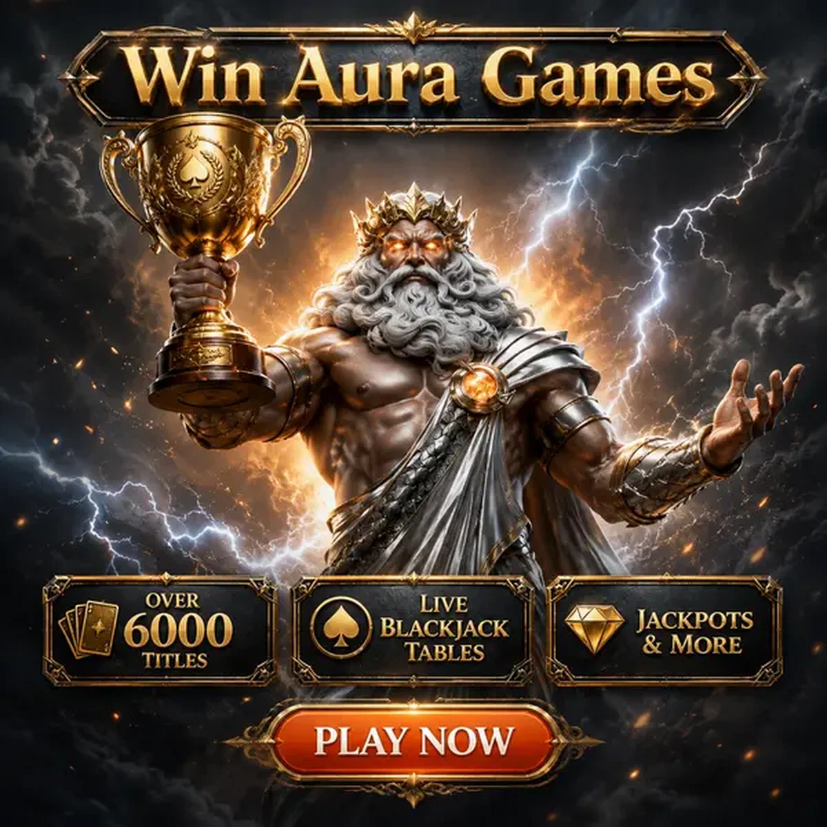 Storm Sovereign levant un trophée doré au lobby principal des Jeux Win Aura Casino