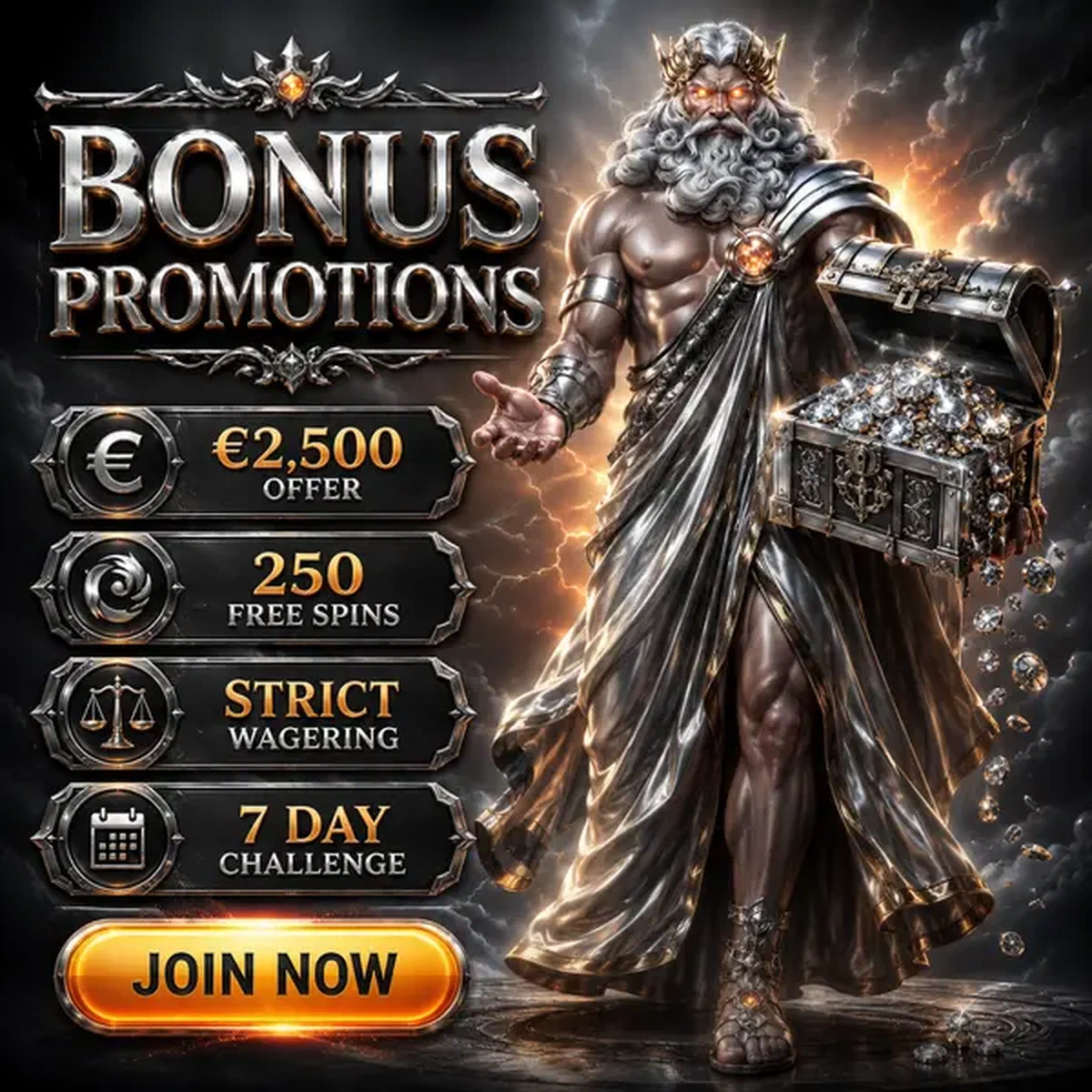 Le Storm Sovereign présentant les trésors bonus chez Win Aura avec coffre promotionnel lumineux