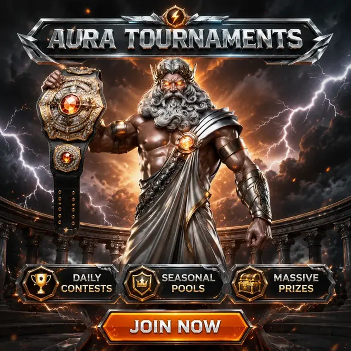 Le Storm Sovereign tenant une ceinture de champion aux concours quotidiens des Tournois Win Aura